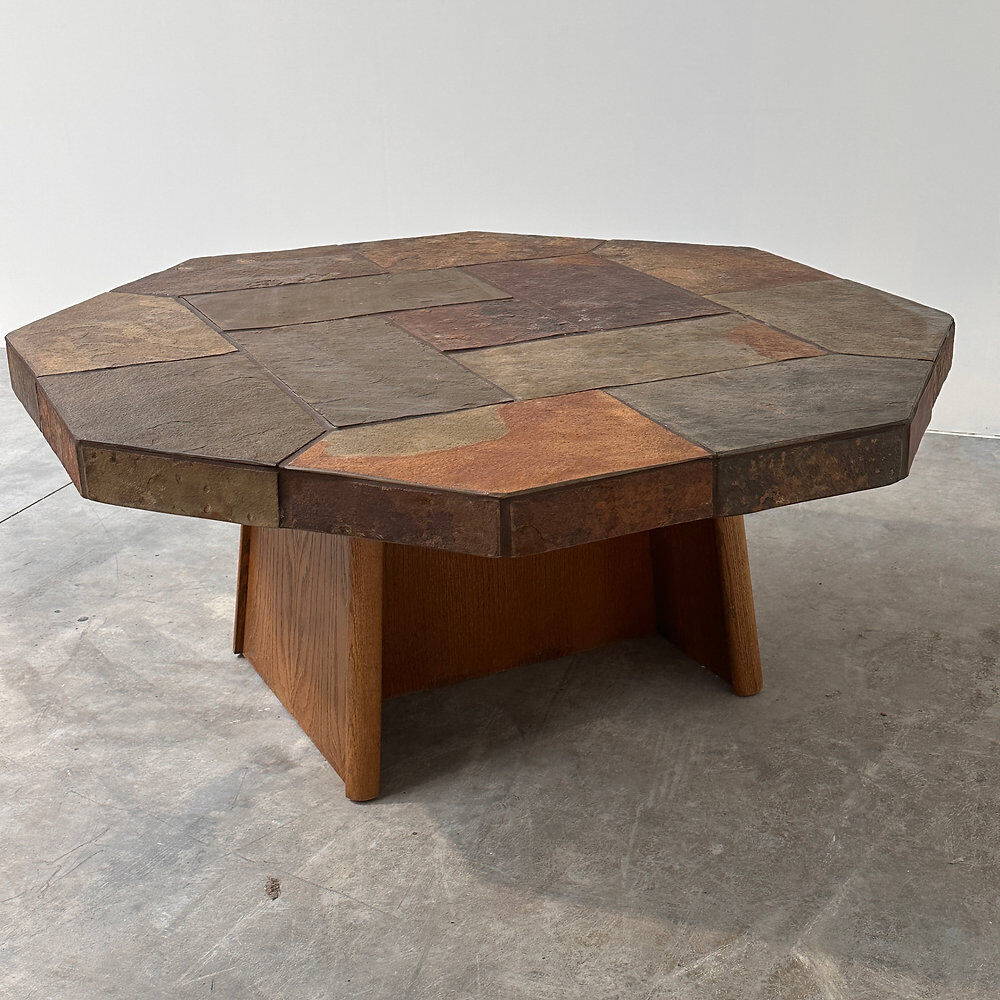 Large vintage slate mosaic coffee table, oak pedestal base, brutalist octagonal