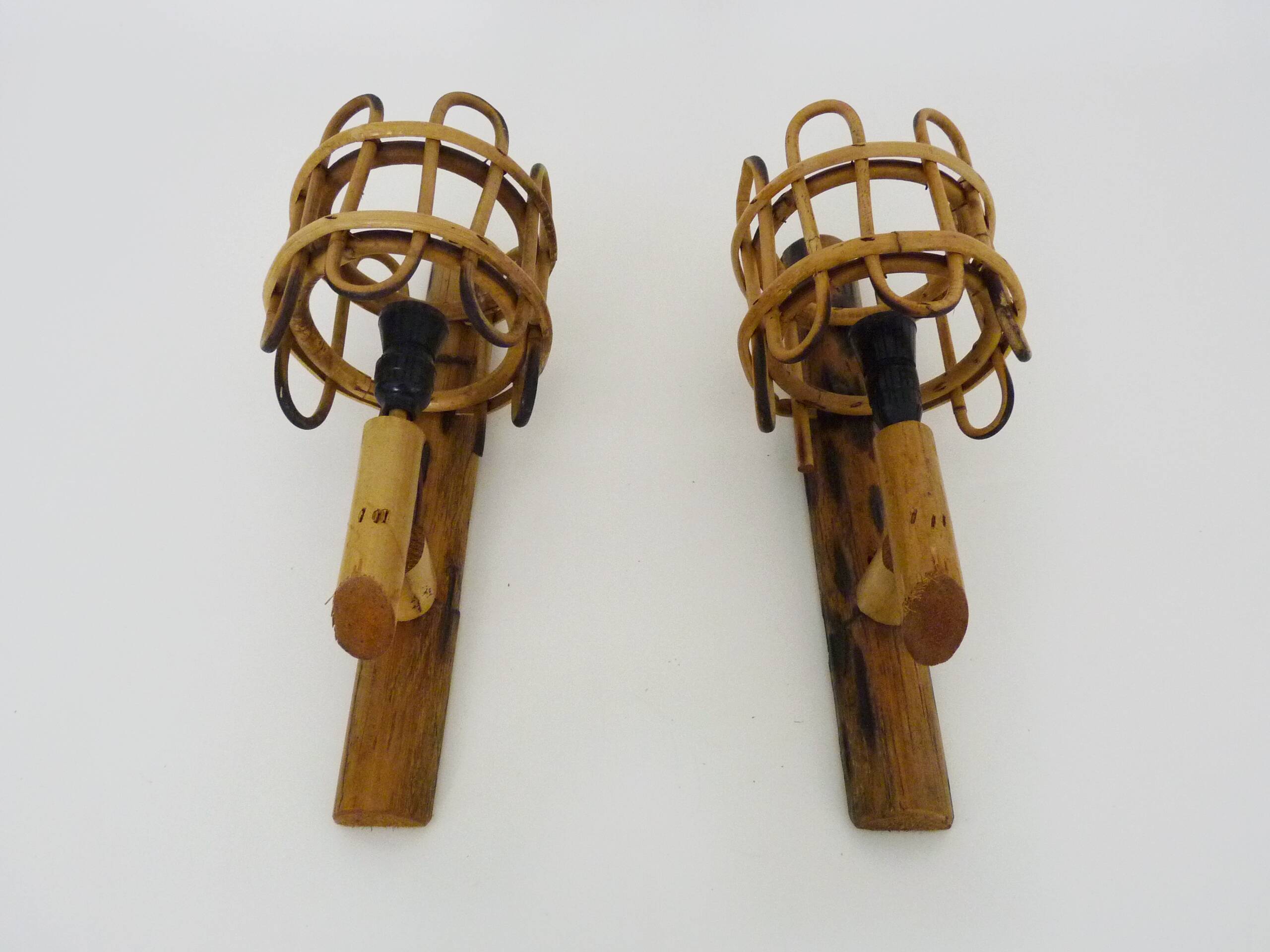 Pair of rattan bamboo lantern wall lights. 1950s-1960s