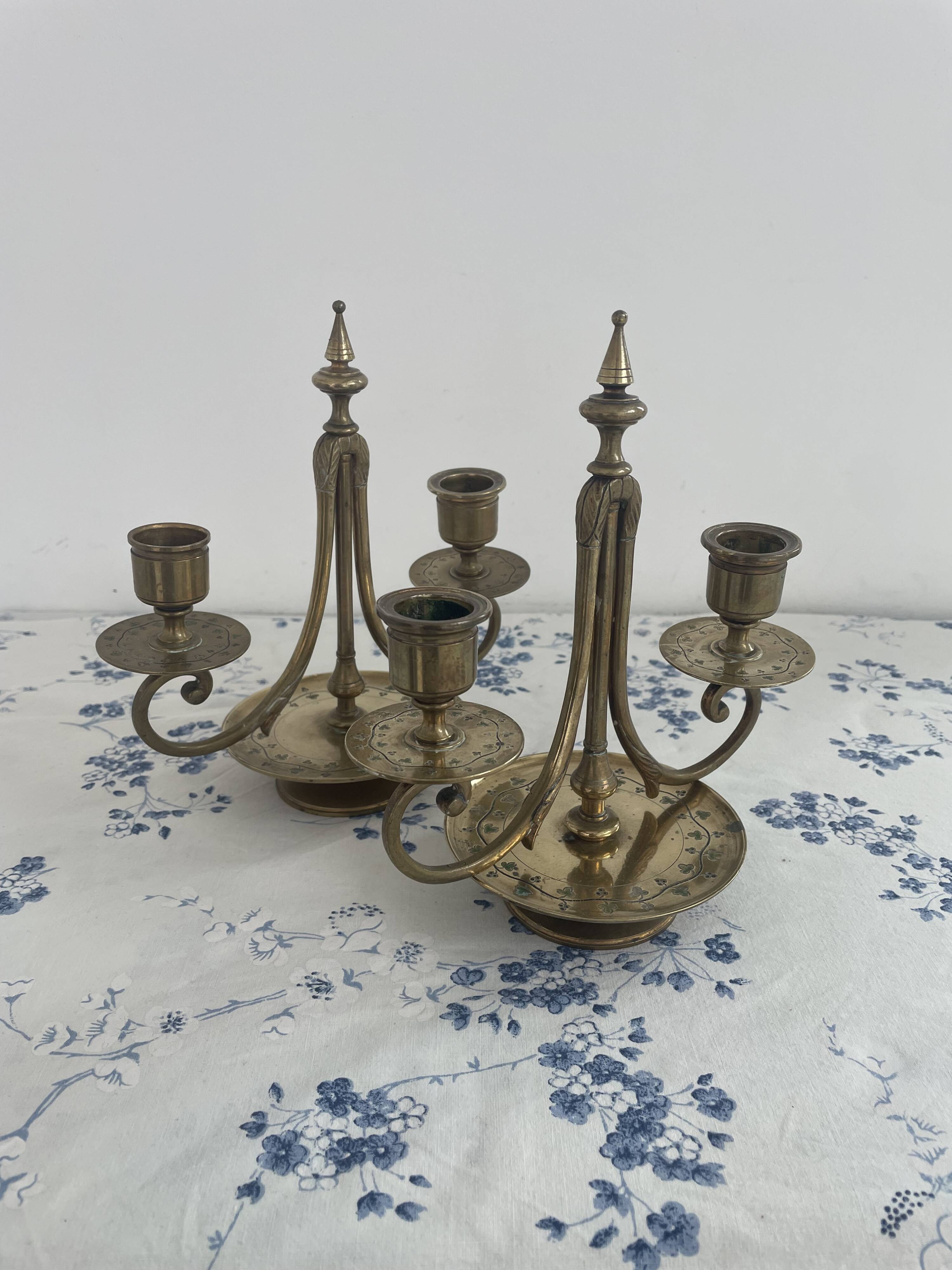 Pair of candlesticks, gilded and enamelled brass, Art Nouveau, early 20th century