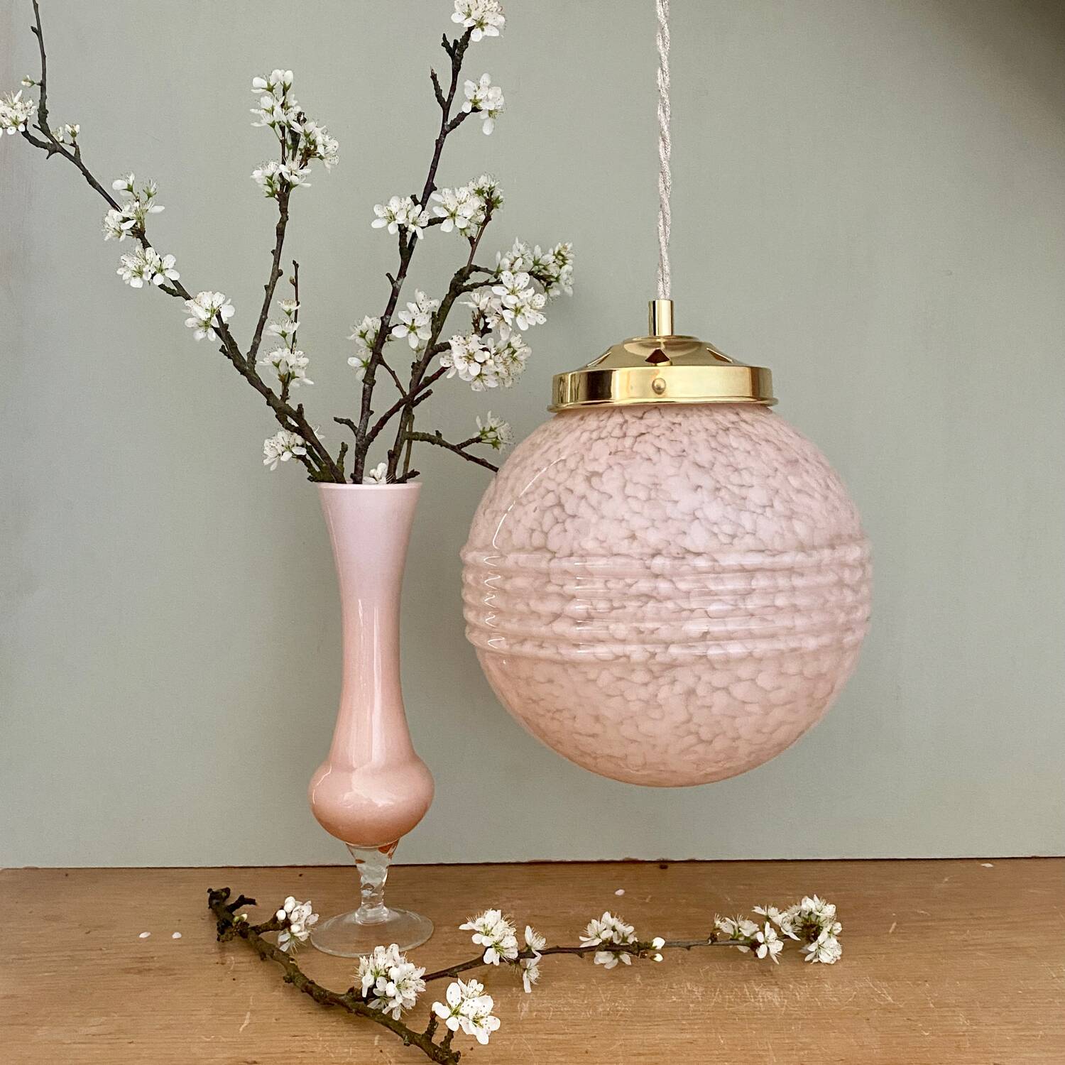 Vintage art deco globe pendant light in pale pink Clichy glass
