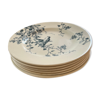 Set of plates birds and flowers Fauvette signed Luneville