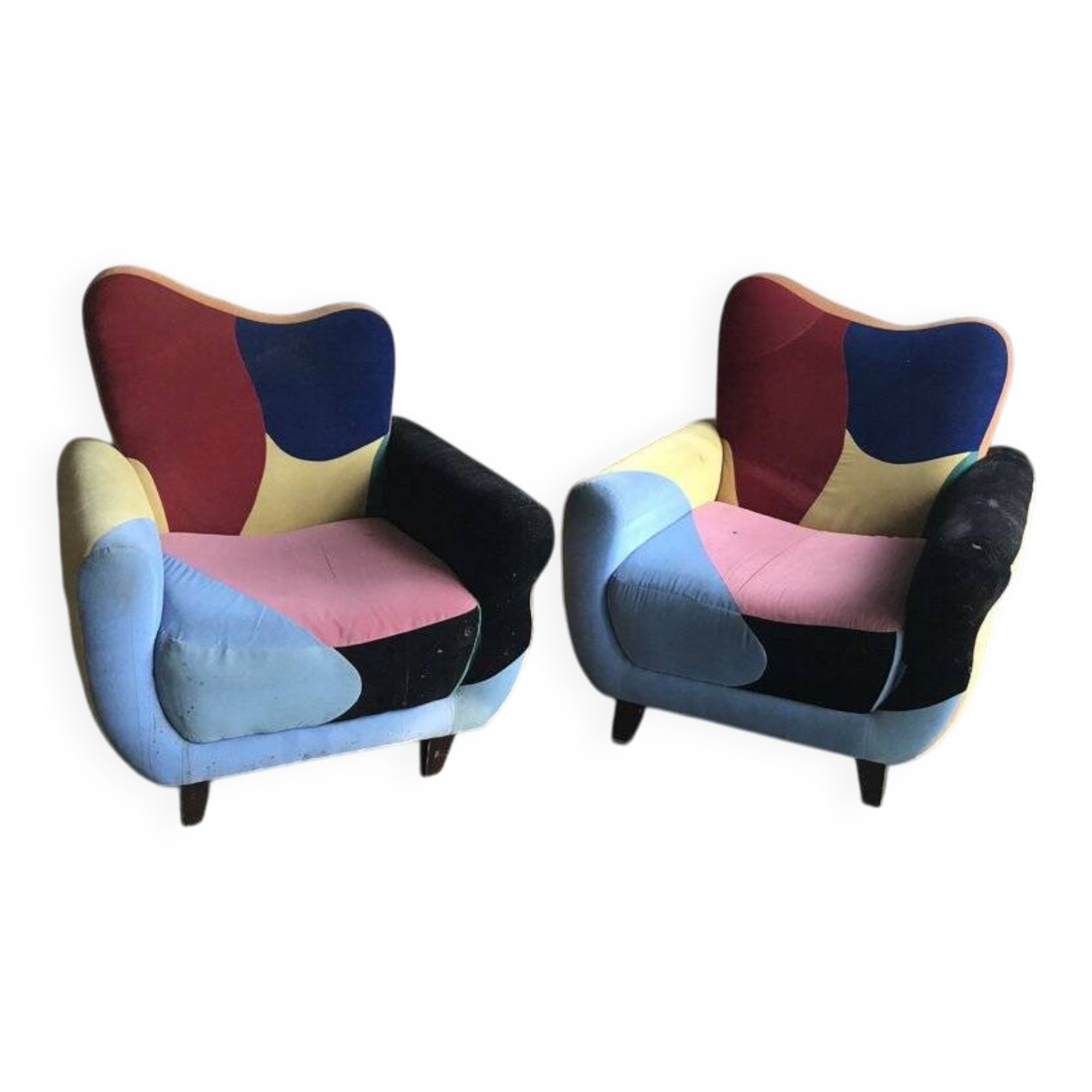 Set de 2 fauteuils Mid-Century multicolores en tissu, pieds peints noirs