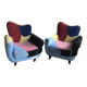 Set de 2 fauteuils Mid-Century multicolores en tissu, pieds peints noirs