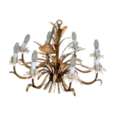 Chandelier foliage bouquet of gold and white rushes, vintage masca Florence lighting house and collect