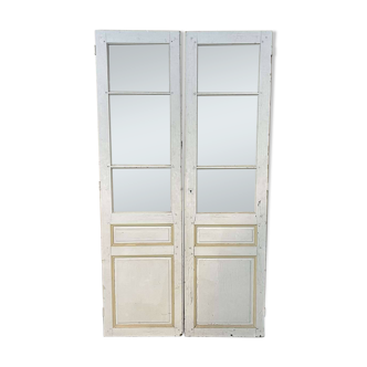 Double porte d'intérieur vitrée en sapin du début XXème - 2m44 x 1m48