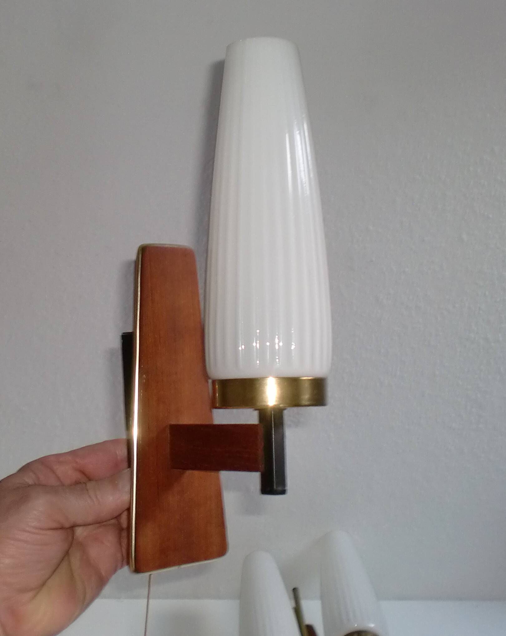 2x Danish Design 50s 60s Wall Lamps, Teak & Brass Sconces