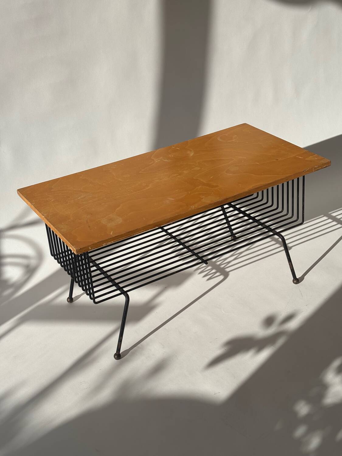 Mid-century metal and wood coffee table with magazine rack, Italy