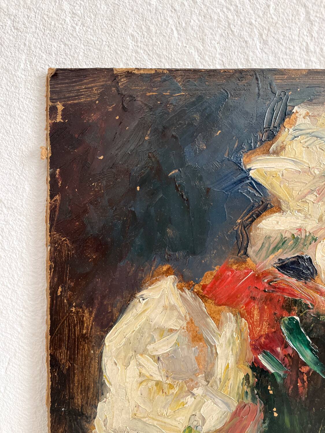 Old oil painting on cardboard bouquet of flowers and fruits