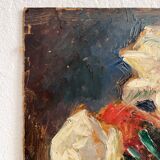 Old oil painting on cardboard bouquet of flowers and fruits
