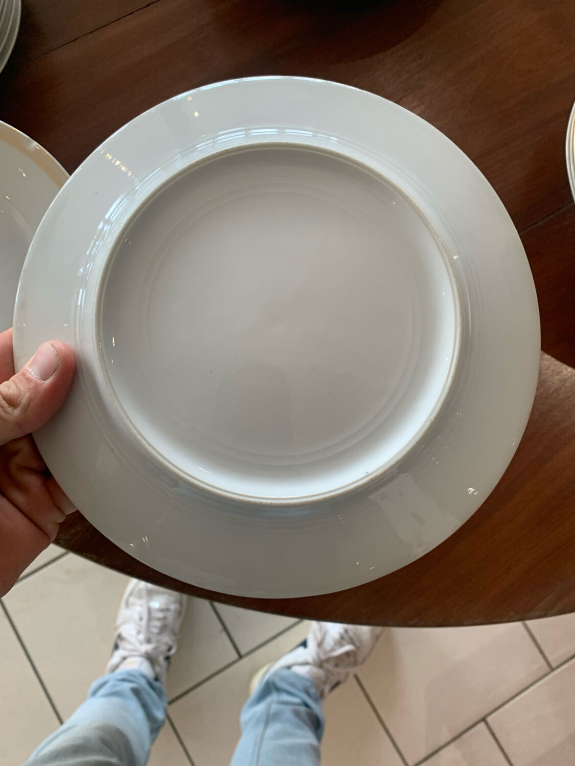 Lot of six flat plates, crockery, old white, gilded