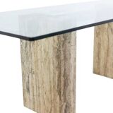 Console, or desk, in glass and travertine. 1980s.