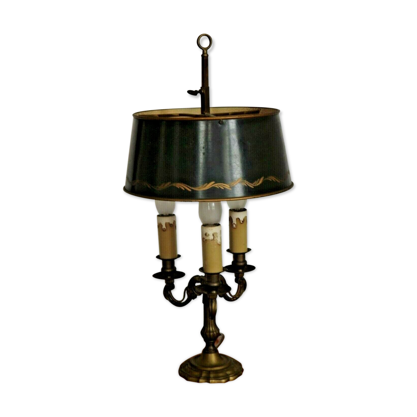 French empire style brass bouillotte table lamp green crackle effect shade
