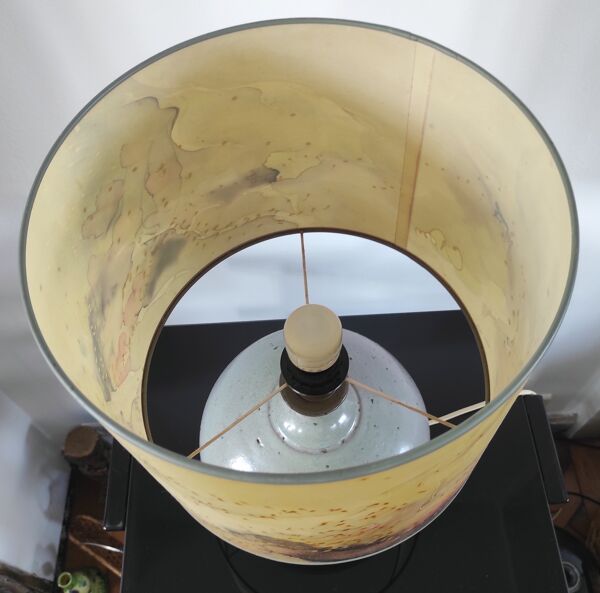 Lampe vintage céramique signée & abat-jour soie peint main 70s