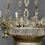 Large, rare antique chandelier in solid silver-plated bronze, Empire style, 12 light points.