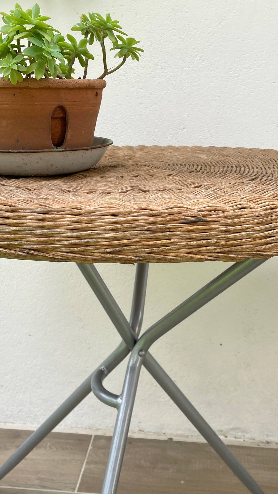 Rattan and lacquered metal folding table