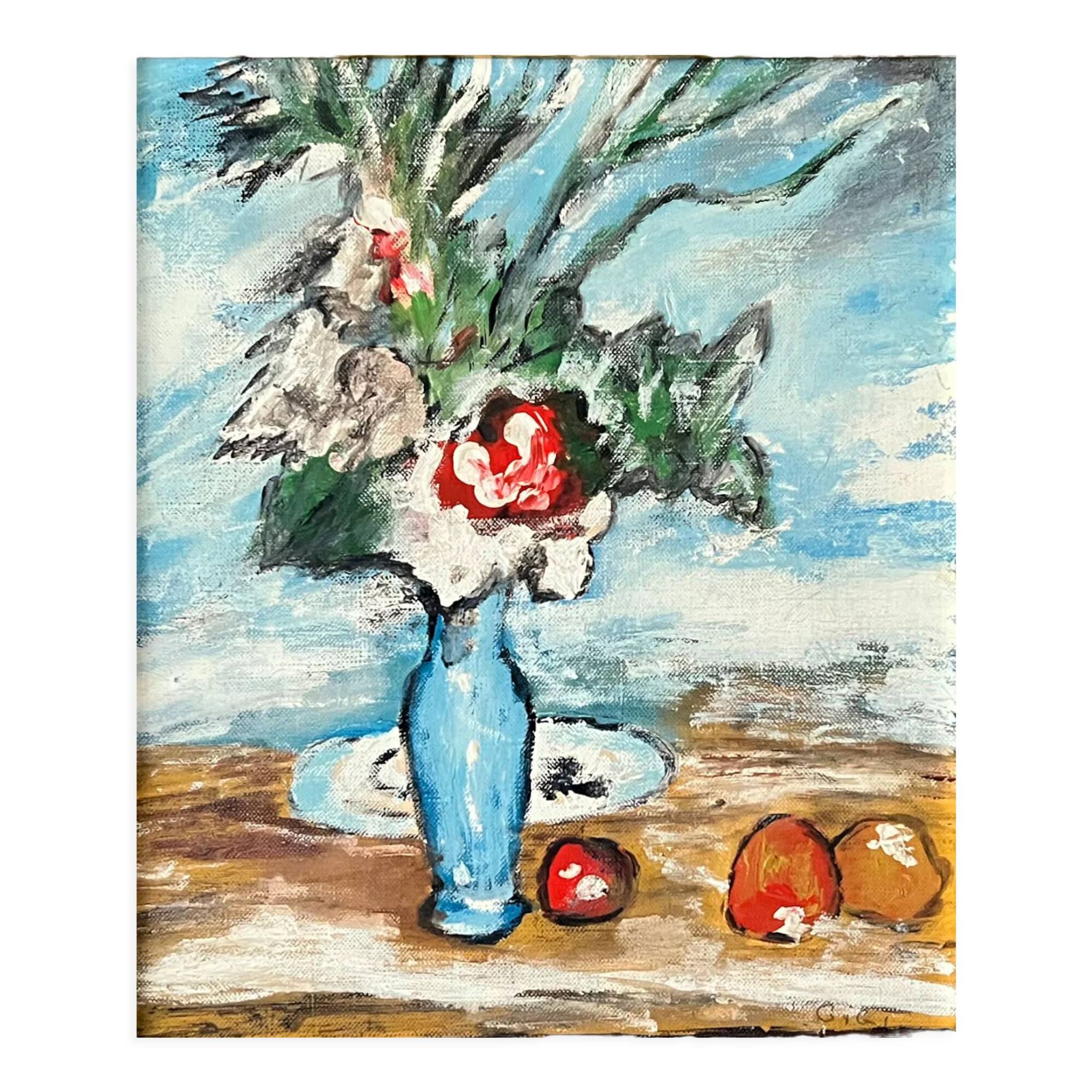 " The bouquet and the fruits " Oil on canvas cardboard