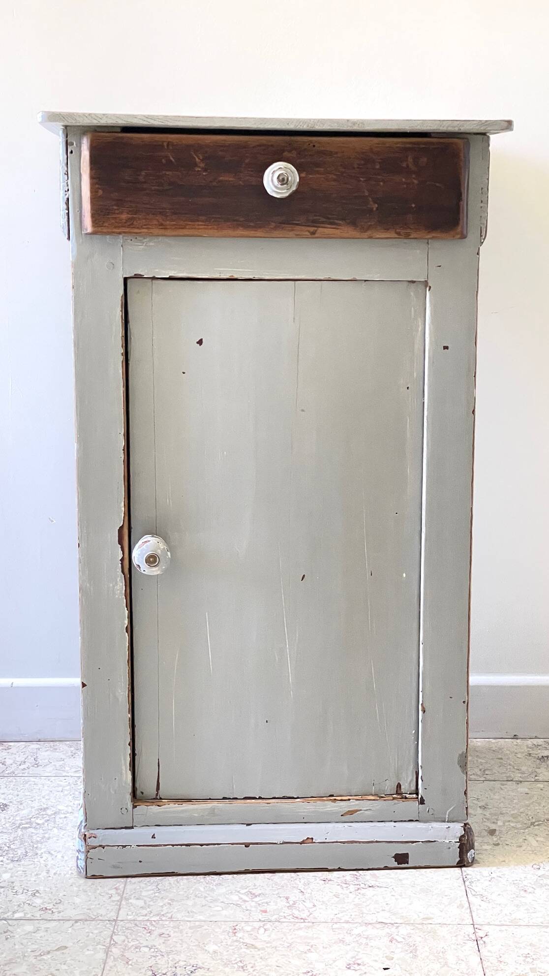 Antique Bedside Table in Weathered Grey Wood