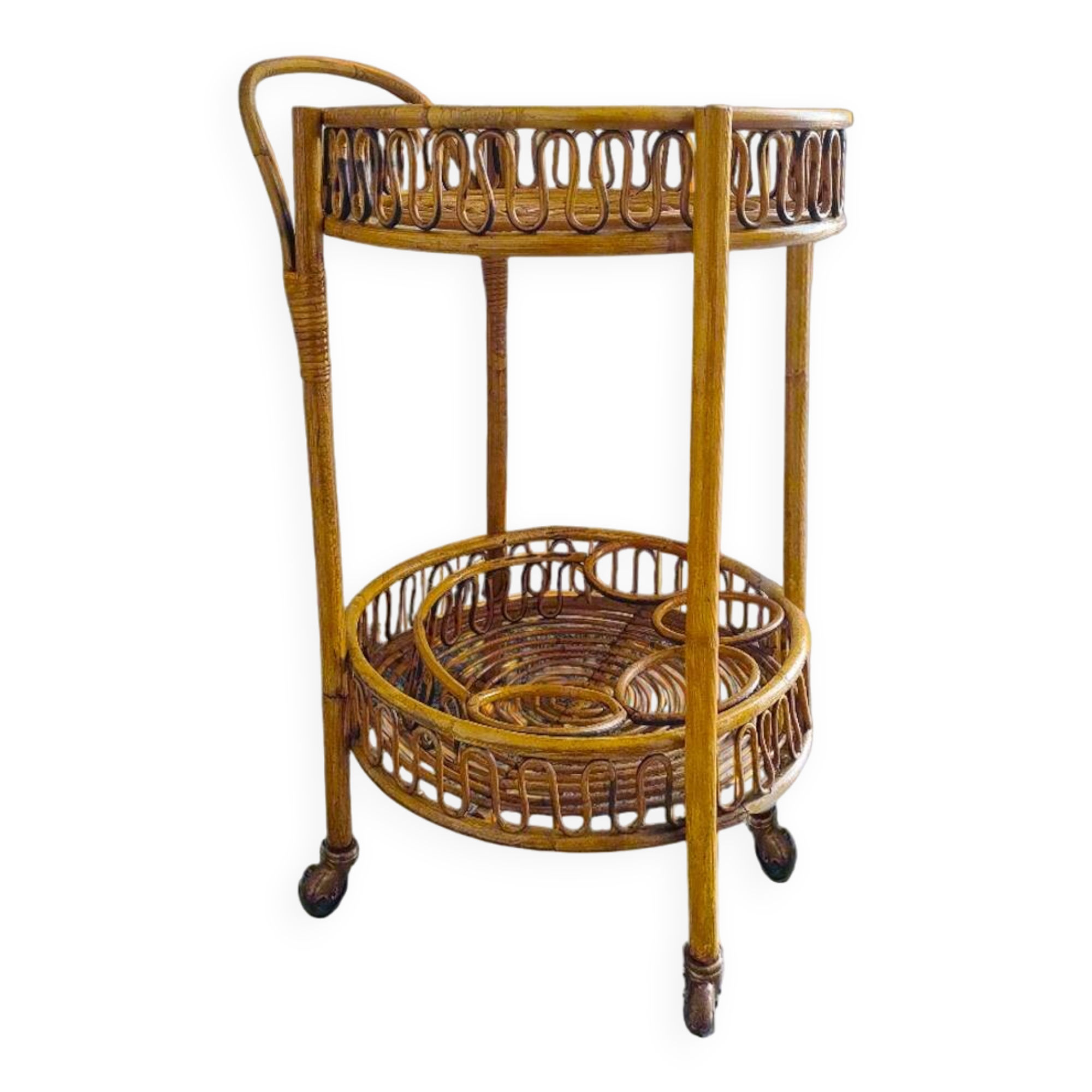 1960s Bamboo & Rattan Serving Bar Cart Trolley by Franco Albini. Made in Italy
