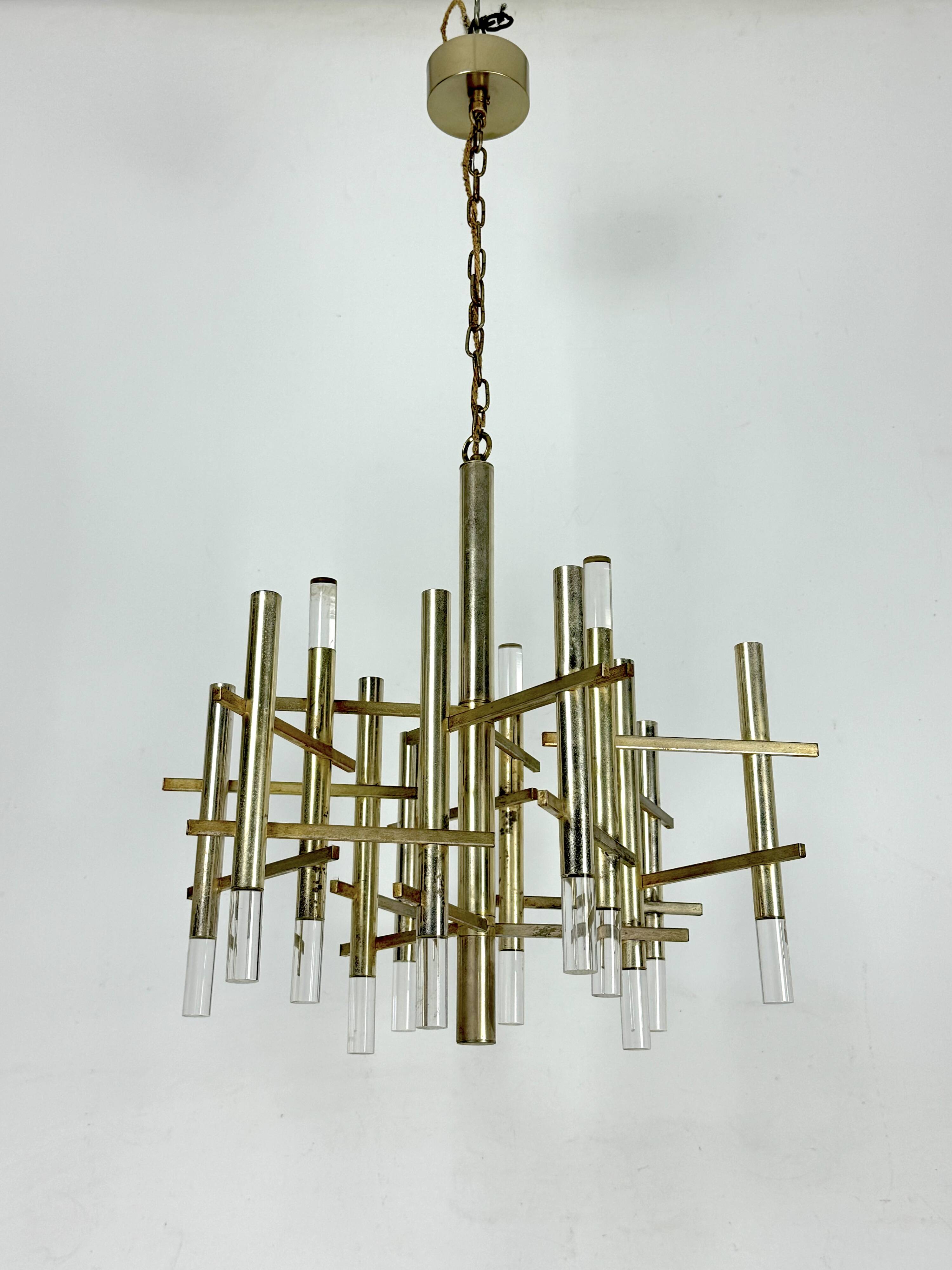 Sciolari 9 lights slight gilded chrome and perspex Chandelier model Ice, Italy 60s