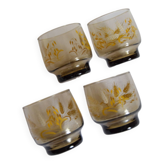 Set of 4 small 70's vintage smoked glasses with ears of wheat print Luminarc France
