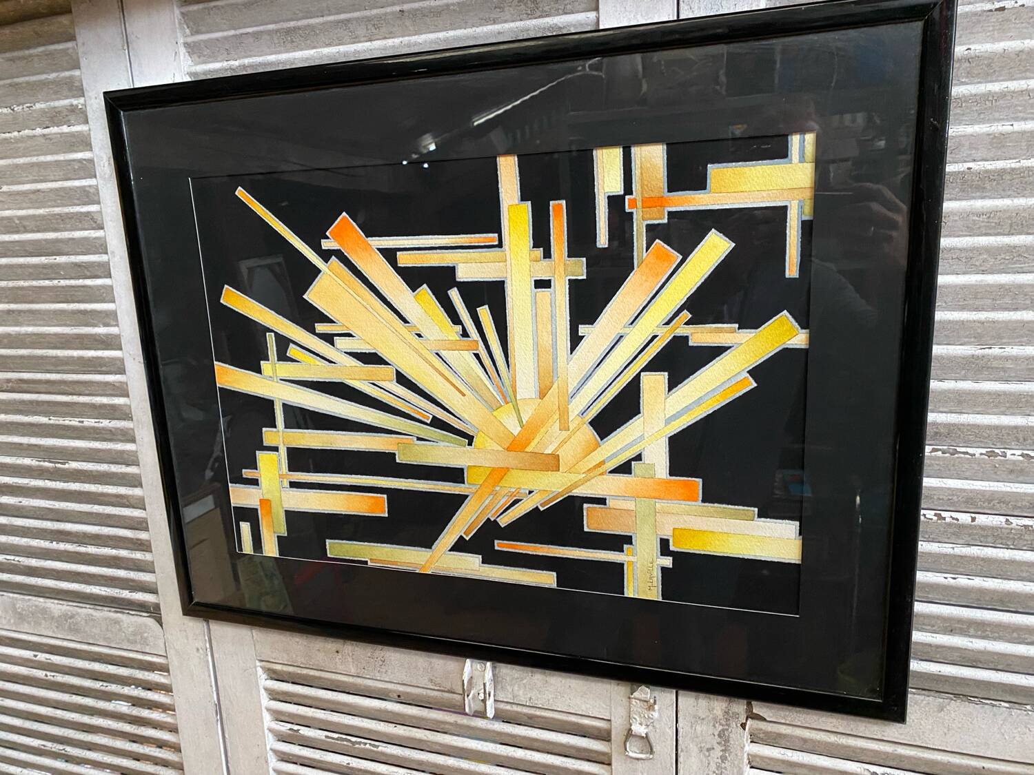 Old painting monique laville volcanic eruption + black wood frame
