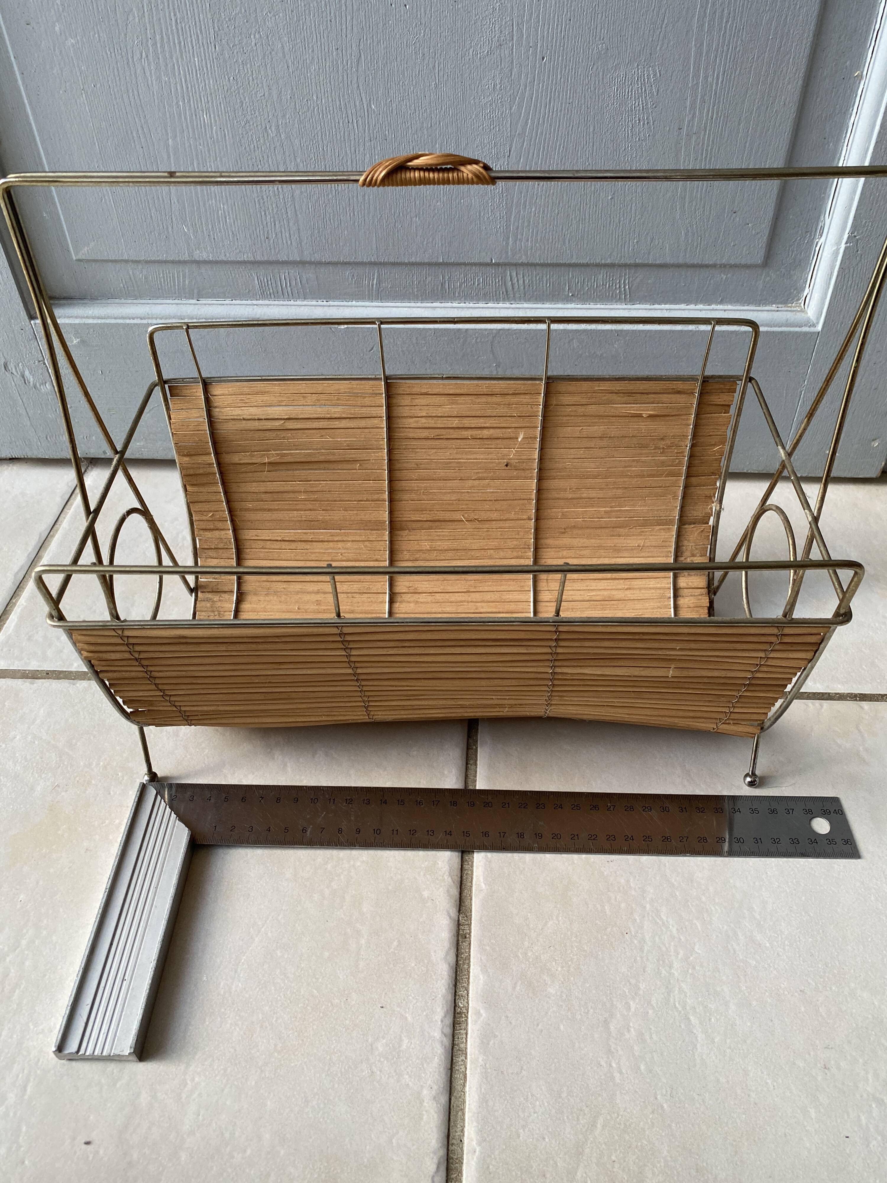 Vintage 1960s magazine rack / newspaper basket, brass & bamboo frame