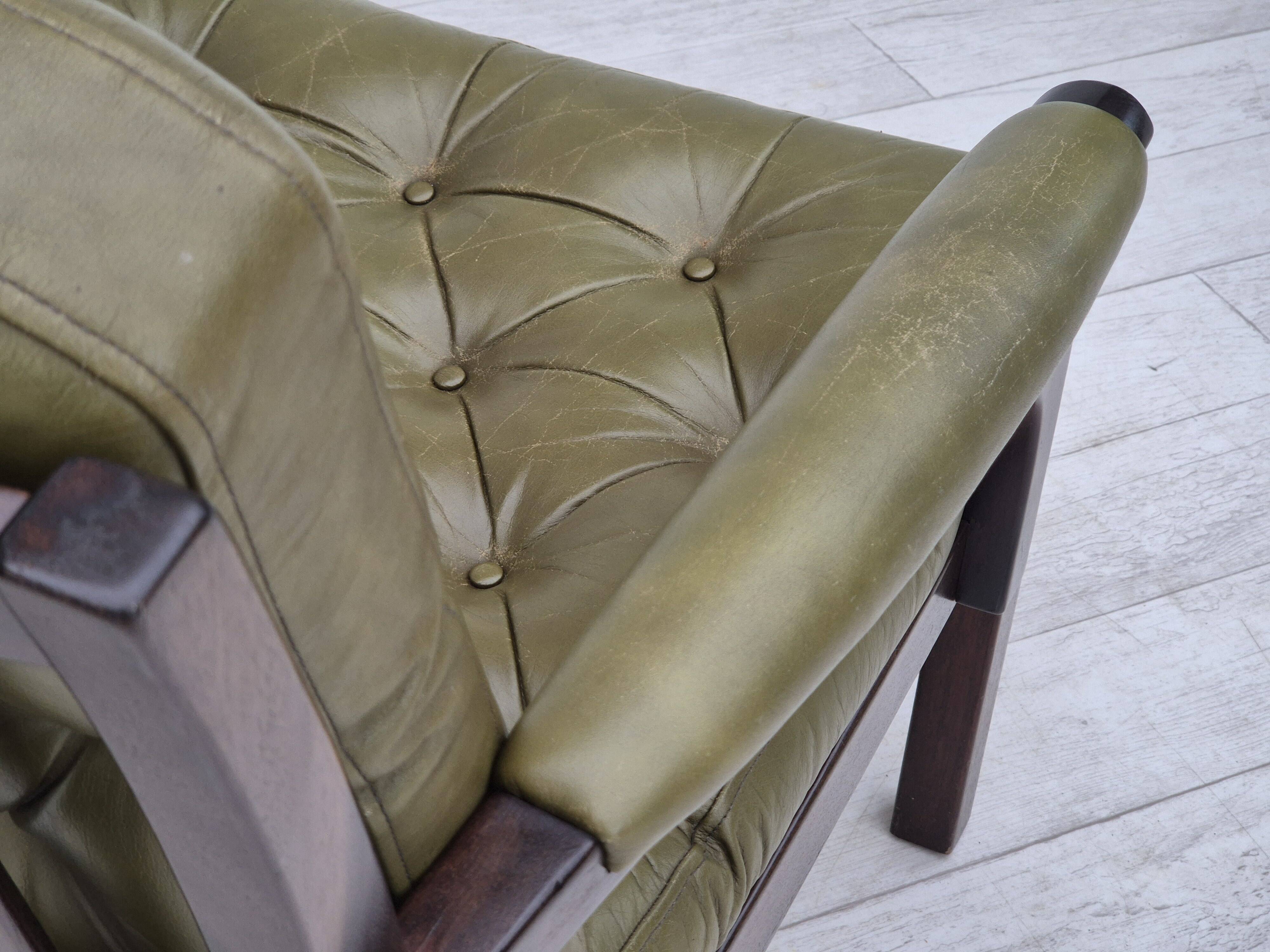 1970s, Scandinavian 2 seater sofa in original condition, green furniture leather, solid teak wood.