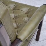 1970s, Scandinavian 2 seater sofa in original condition, green furniture leather, solid teak wood.