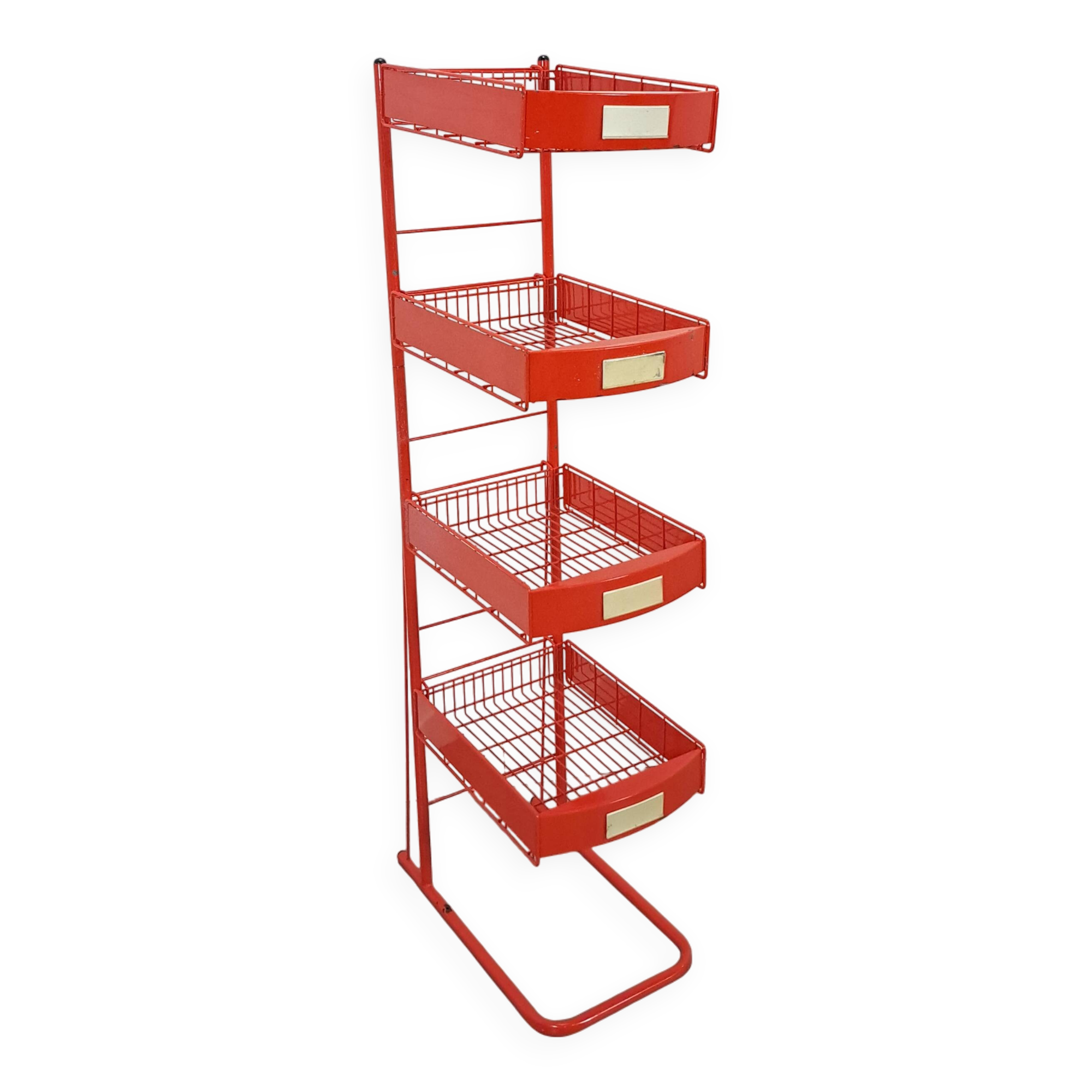 Rood metalen winkelvitrine winkelrek met manden vintage