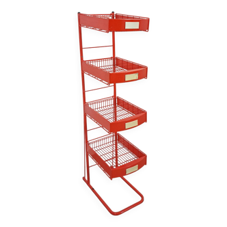 Etagère rouge en métal avec paniers vintage