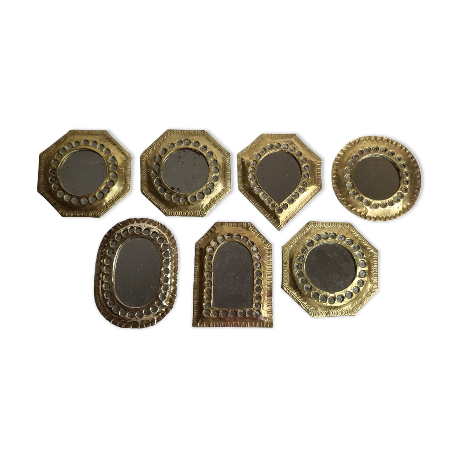 Set of 7 vintage Moroccan openwork brass mirrors