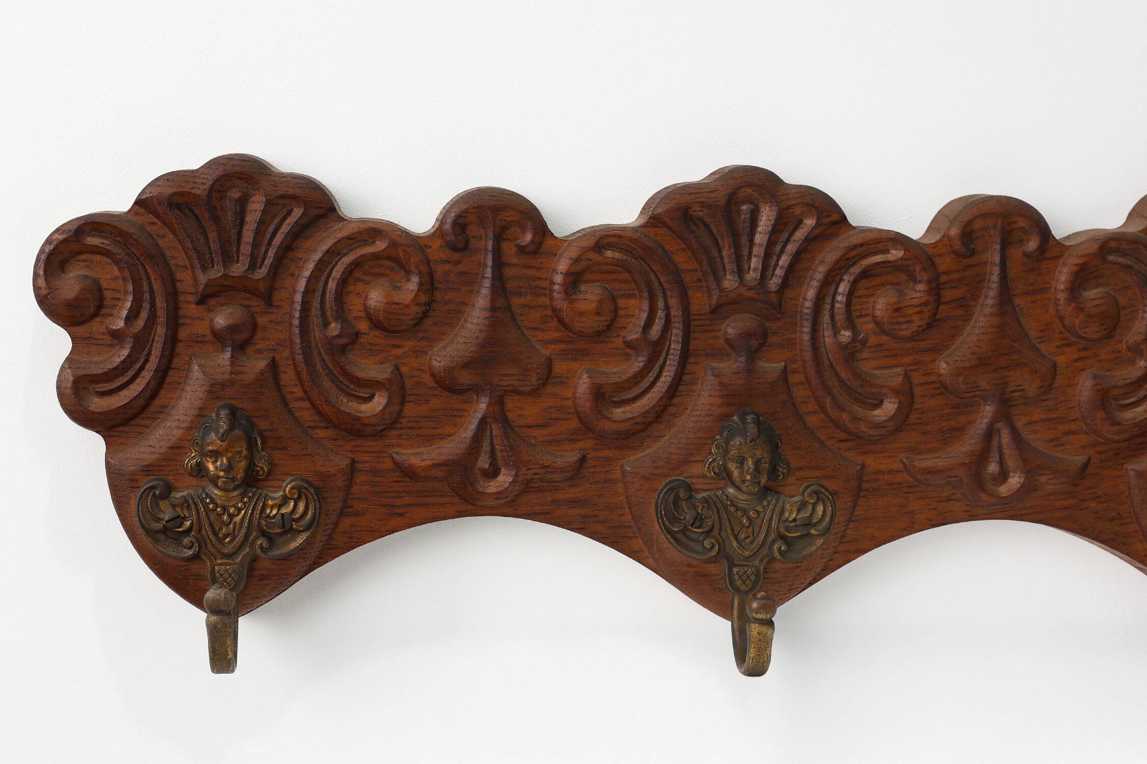 Antique Carved oak Wall mount coat rack with 3 brass angel hooks, France
