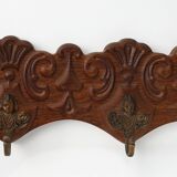 Antique Carved oak Wall mount coat rack with 3 brass angel hooks, France