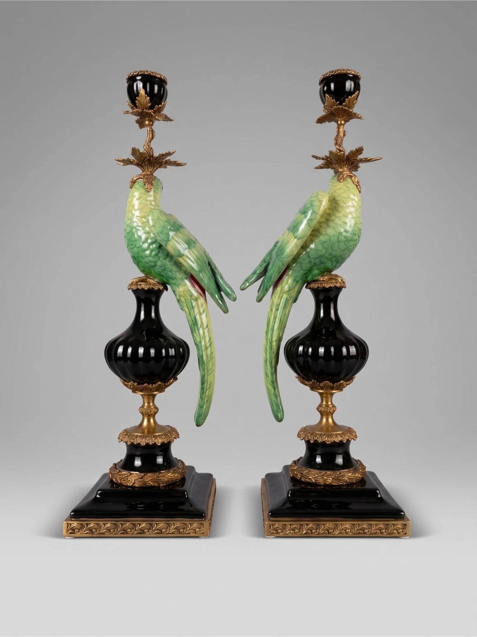 Pair of parrot candlesticks in porcelain and gilded bronze – Louis XVI style – 47 cm