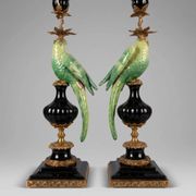Pair of parrot candlesticks in porcelain and gilded bronze – Louis XVI style – 47 cm
