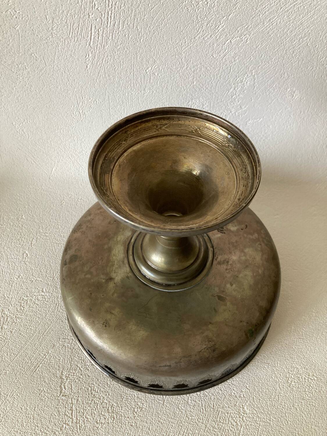 Antique crystal fruit bowl on a brass pedestal