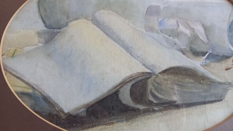 Old painting, handwritten watercolor with pale pink knot