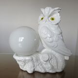 Owl lamp, ceramic owl and opaline ball 70s