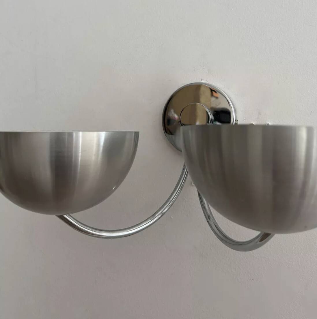 Pair of vintage double wall lights, brushed aluminum and chrome, France 1970