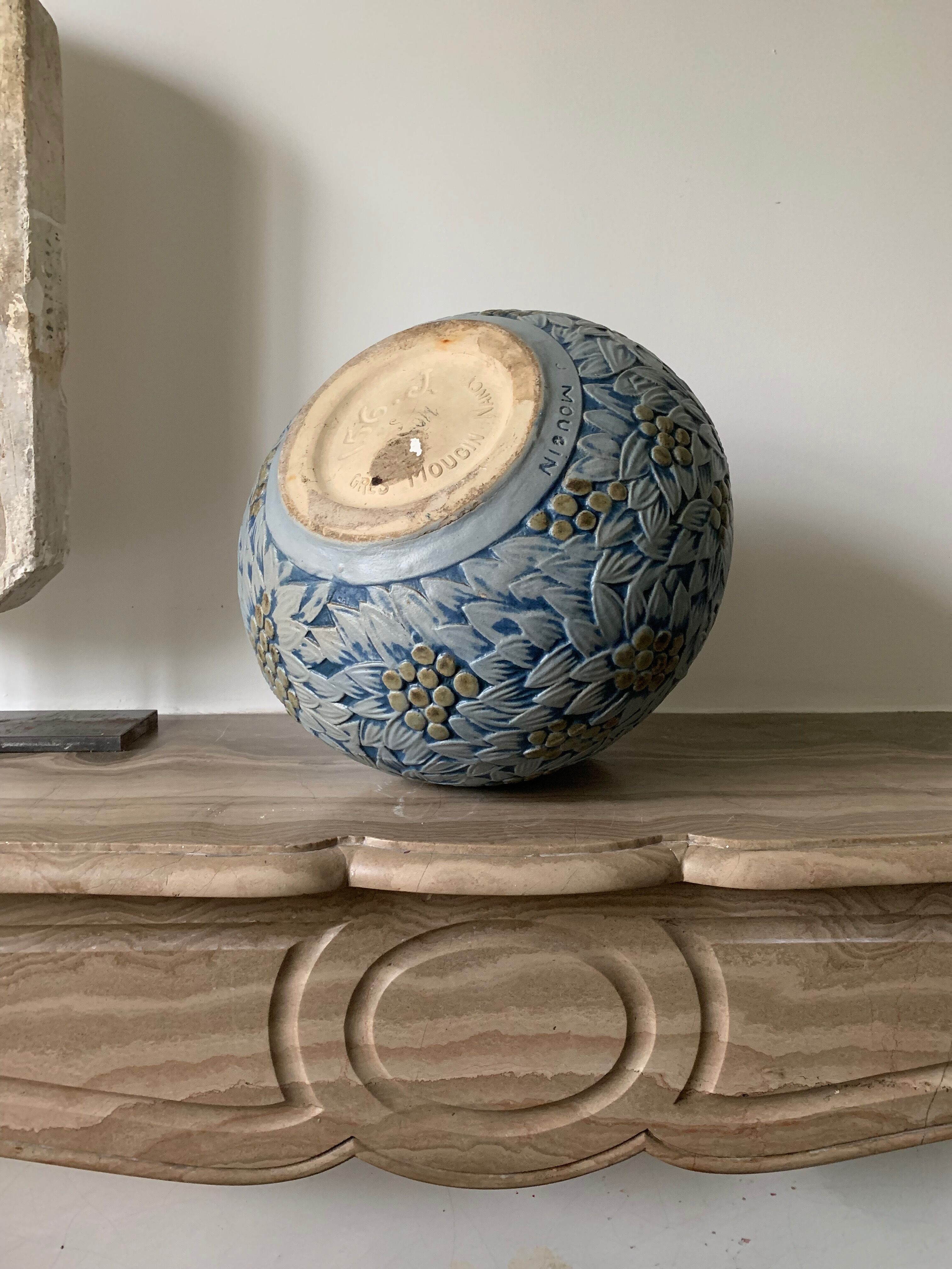 Vase Mougin blue flower and vegetal motif