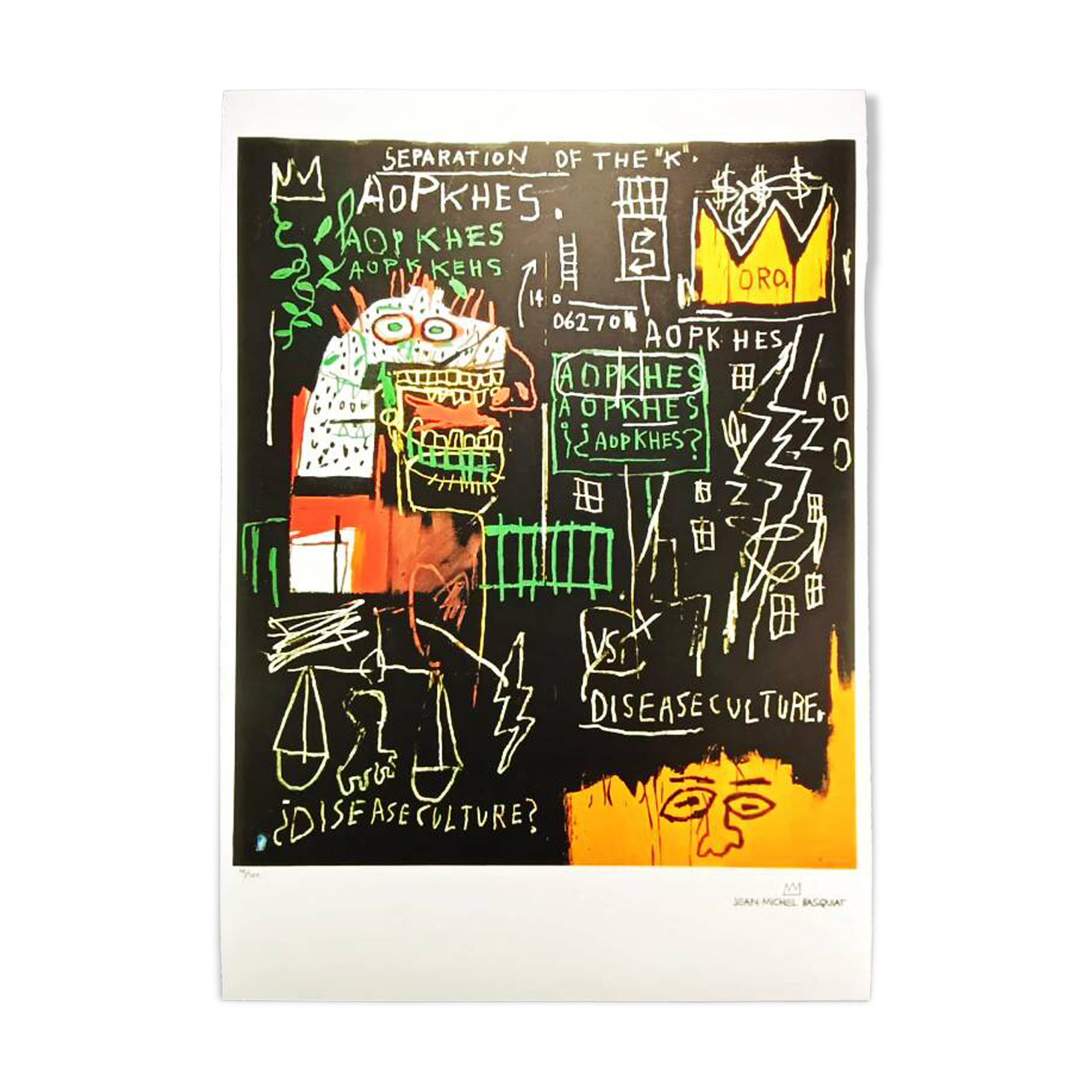 Limited edition lithograph by Jean-Michel Basquiat from the 1990s, numbered in pencil.