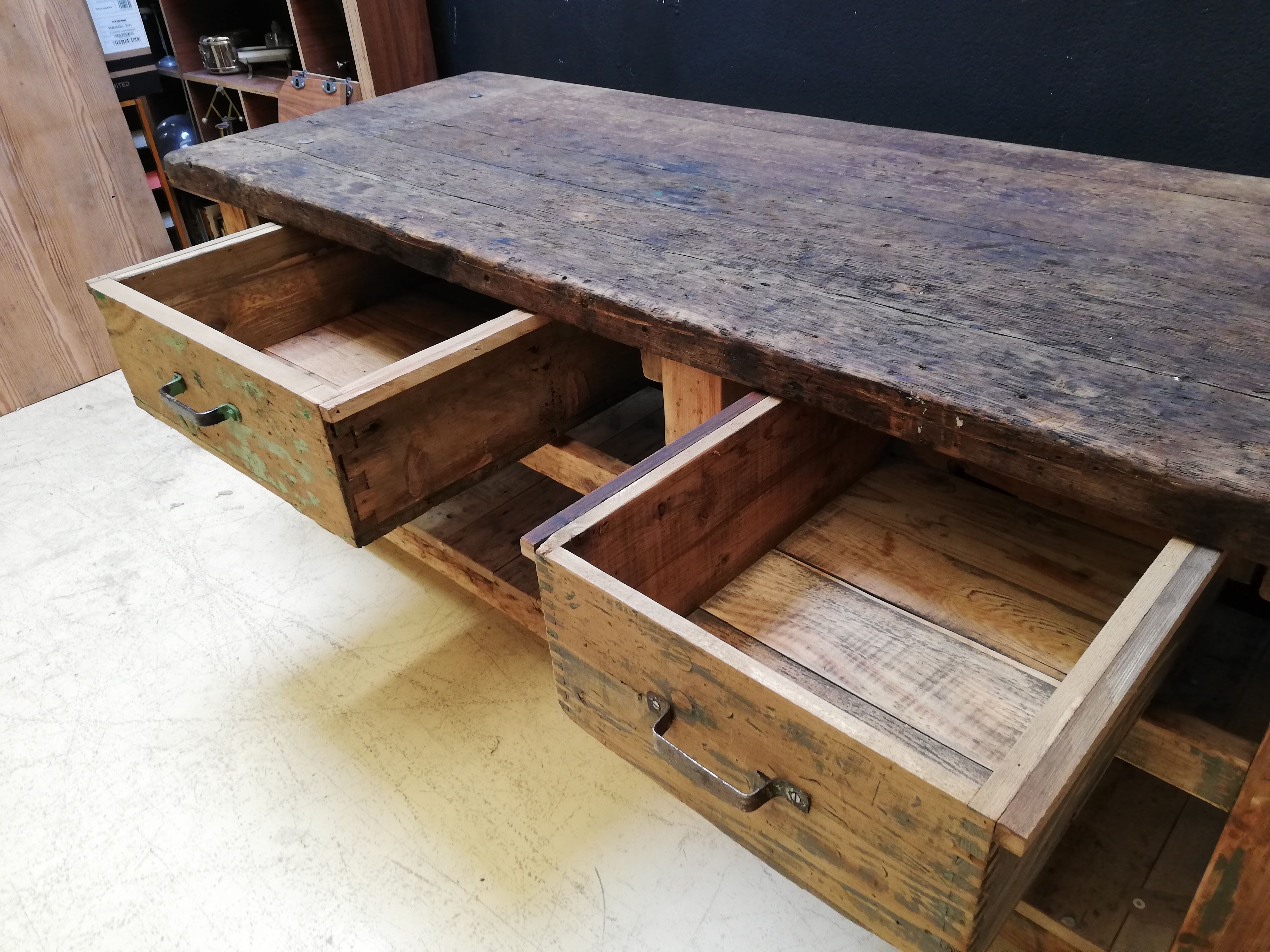 Old vintage wooden carpenter's workbench, industrial decoration