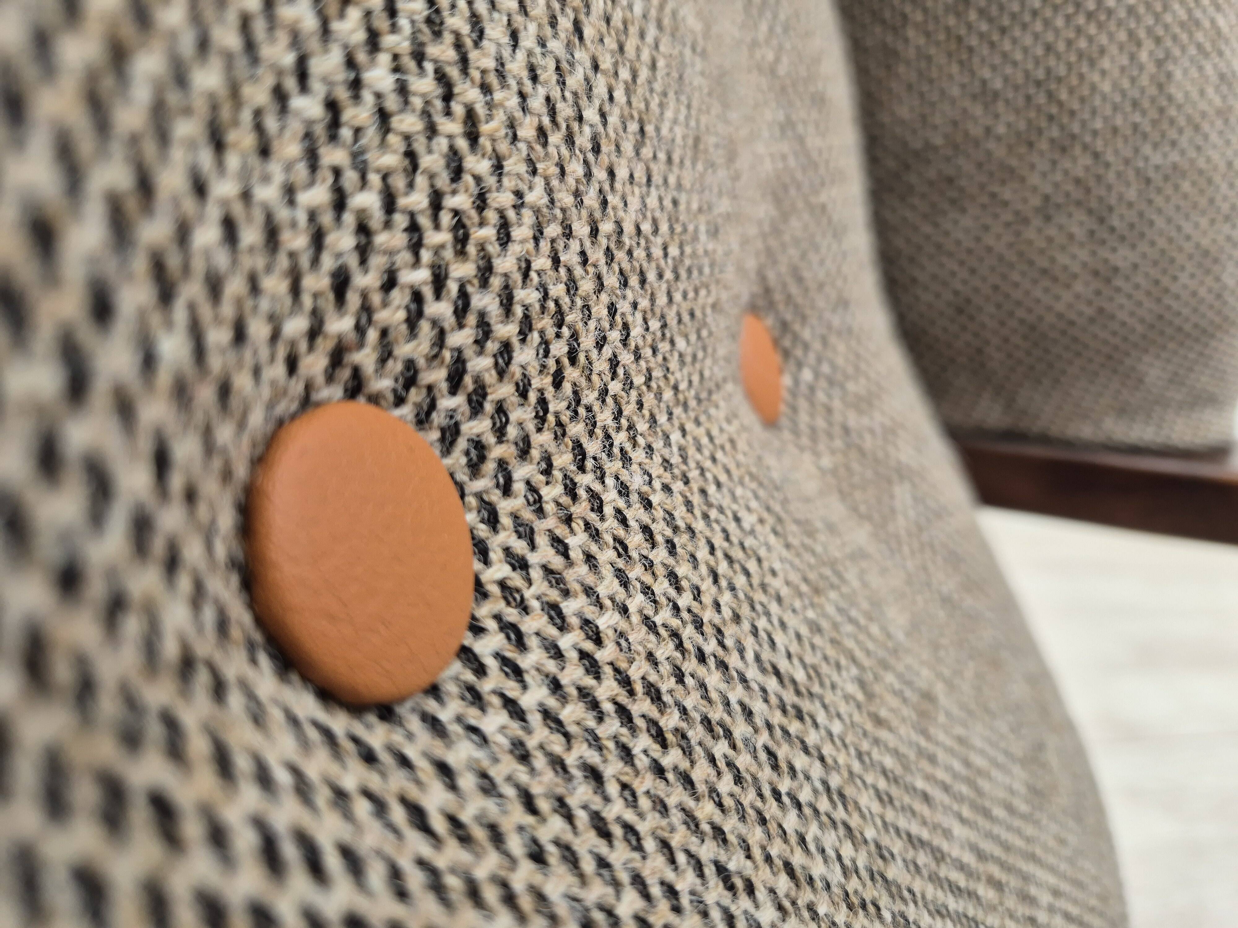 1960s, Scandinavian design, reupholstered high-back armchair, furniture wool, oak wood.