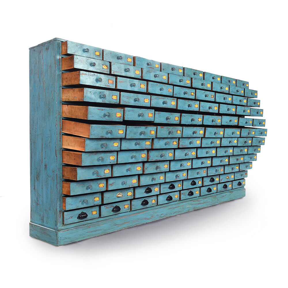 Pastourel wooden craft cabinet with 96 drawers and blue patina
