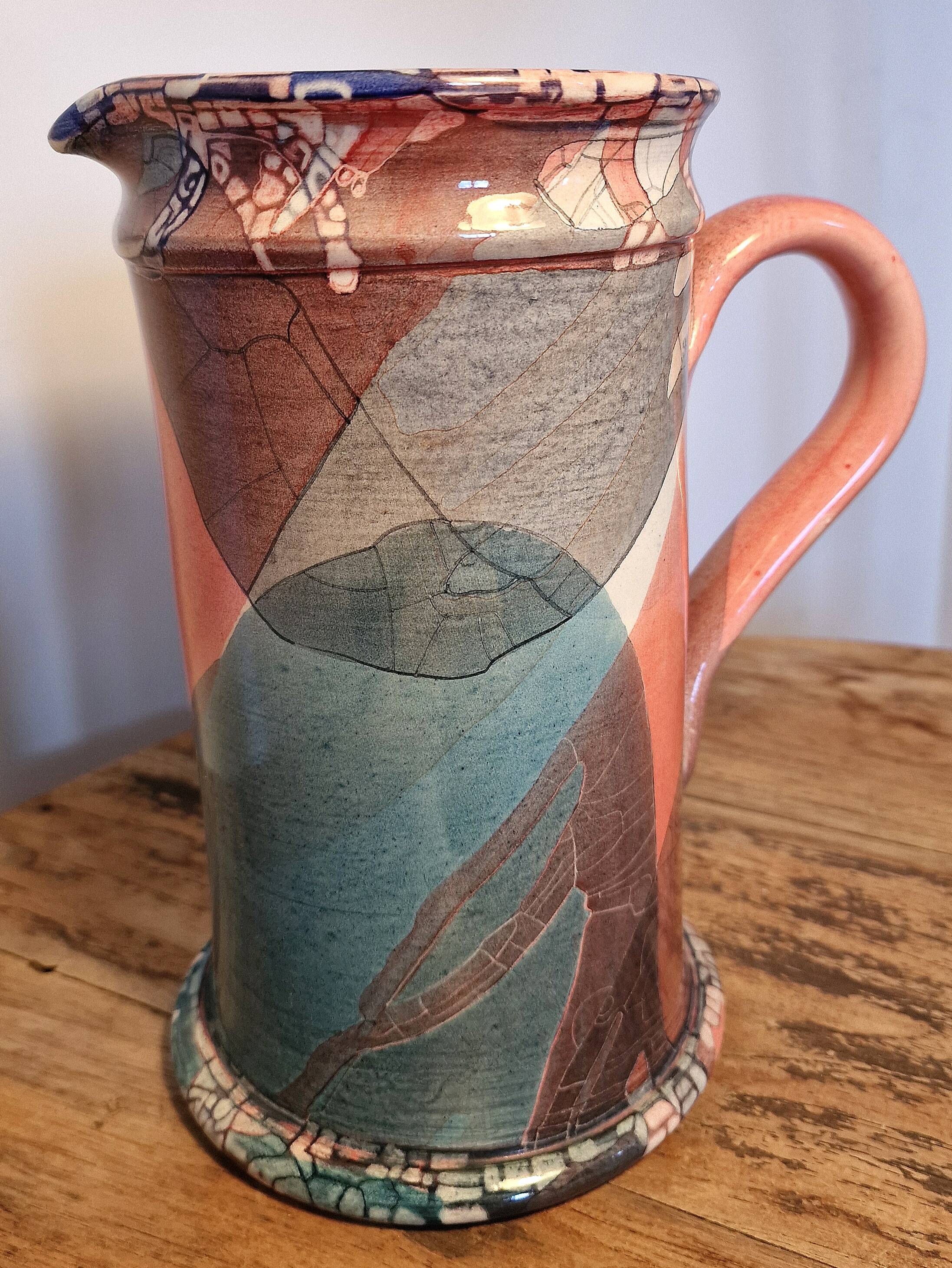 Large sculptural ceramic pitcher by a signed artist – abstract decoration