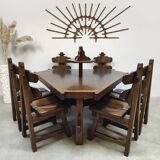 Spanish design vintage brutalist oak dining set chairs & table