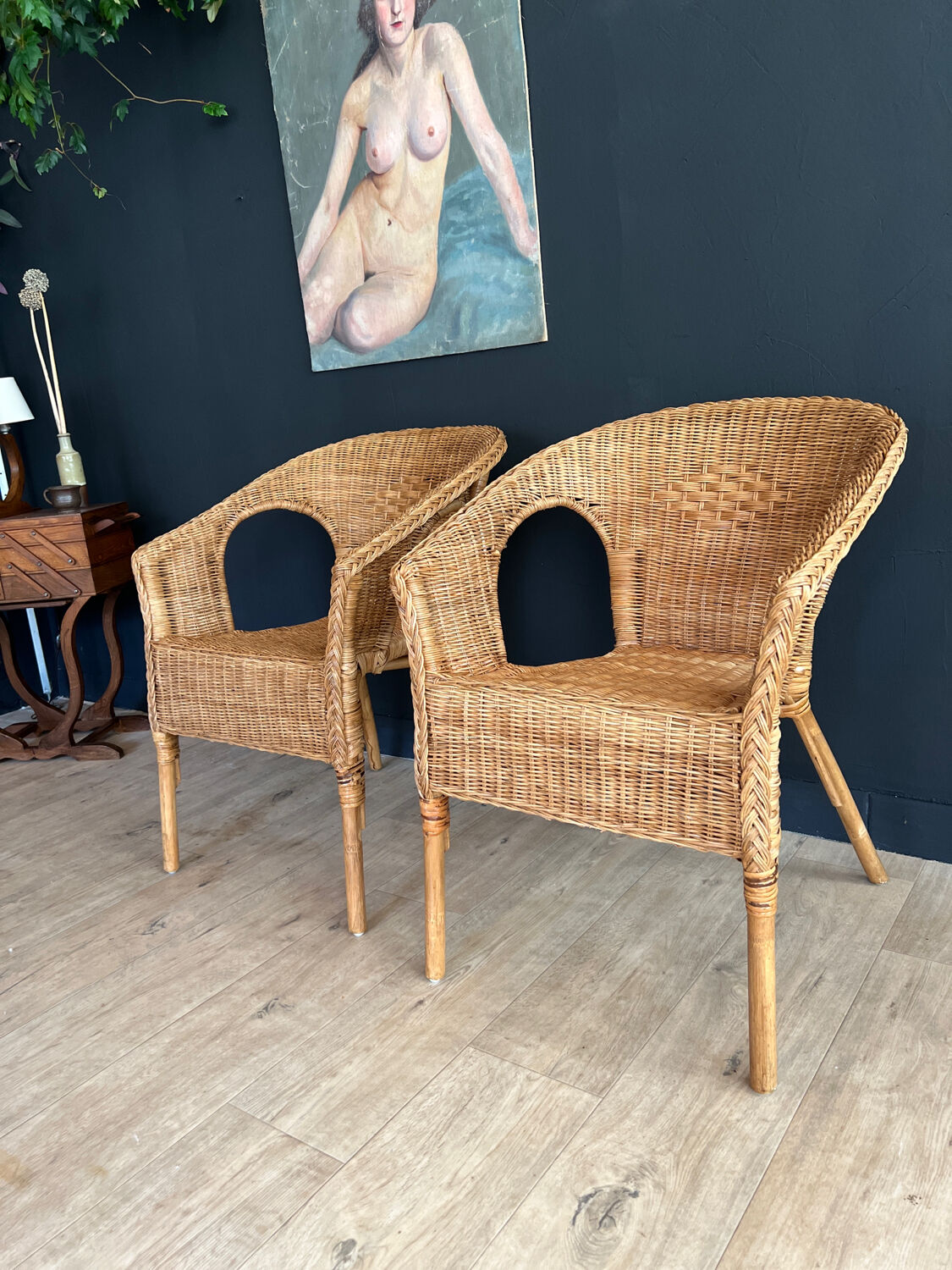 Paire de fauteuils en rotin et osier