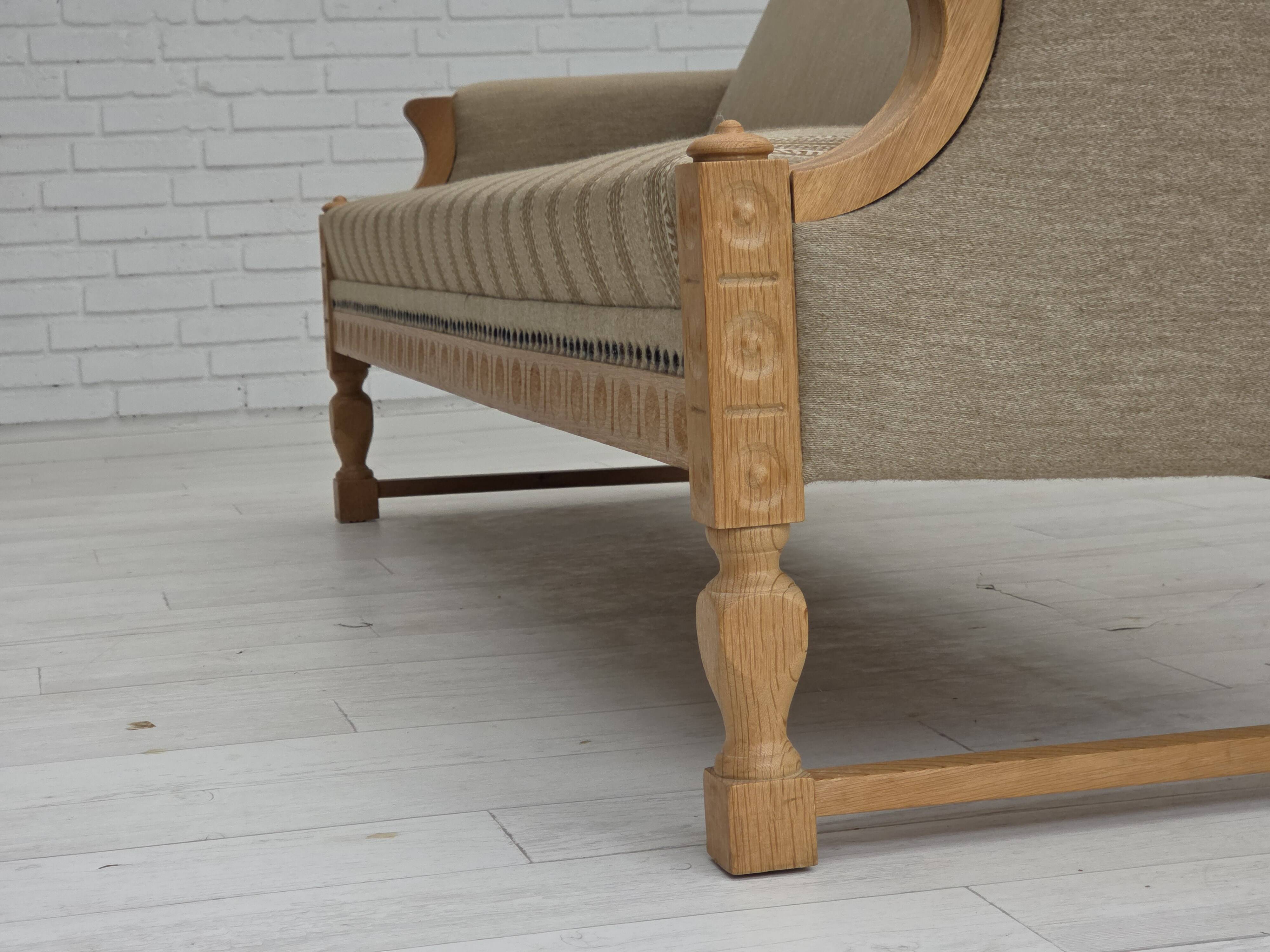 1970s, 3-seater Danish sofa, original beige furniture wool, solid oak wood.