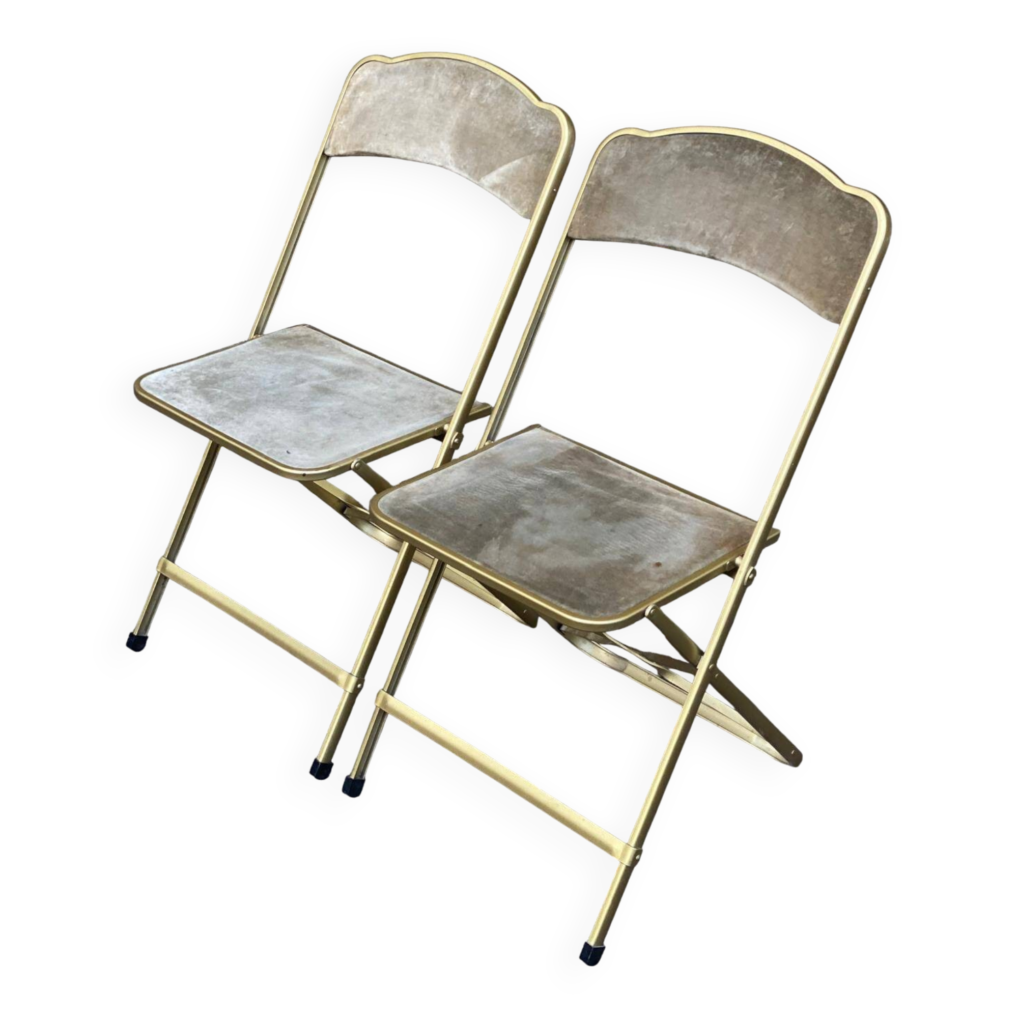 2 folding opera theatre chairs in gold-plated steel and beige velvet, 1970