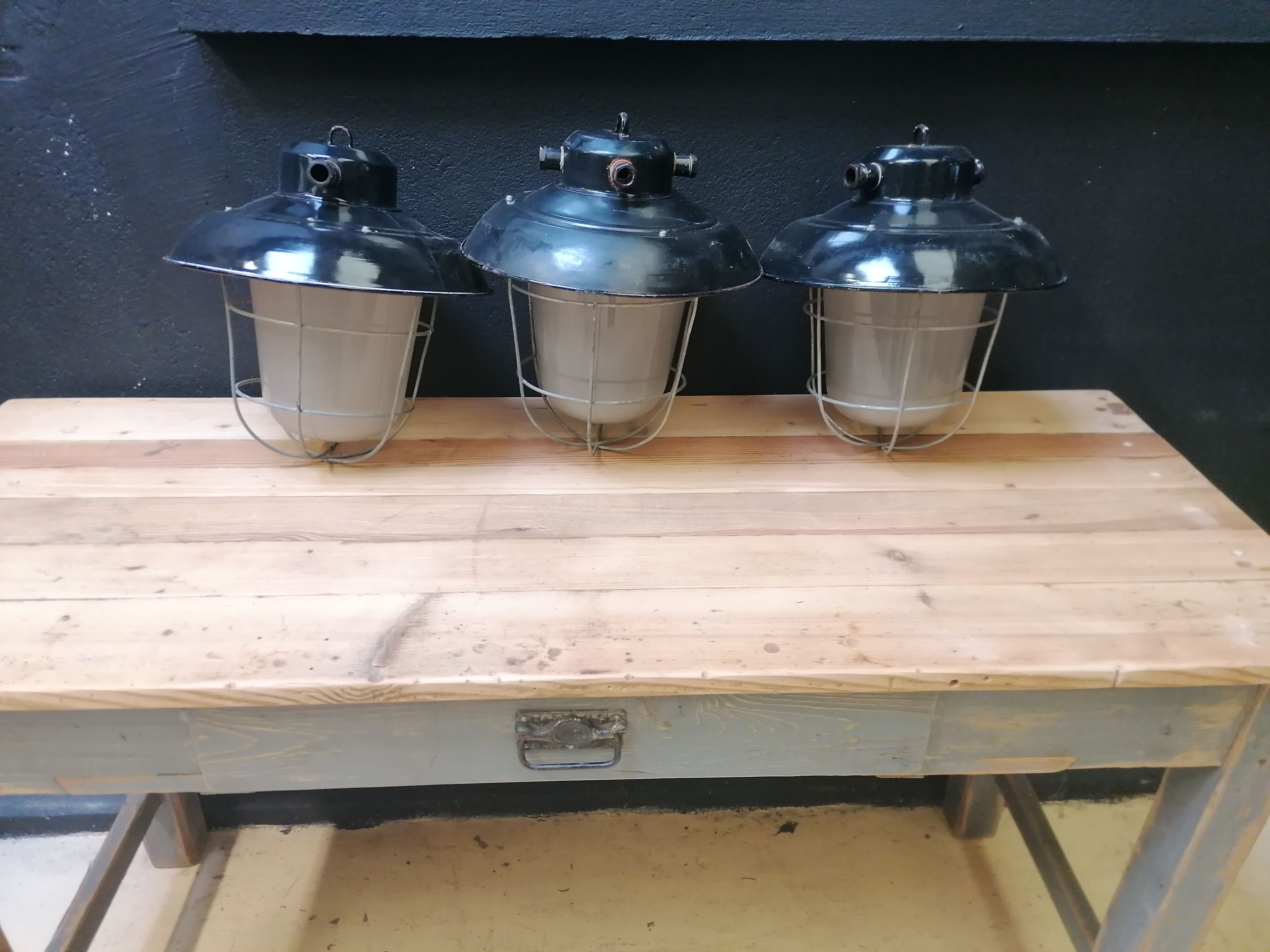 Set of 3 vintage Czech industrial pendant lights, 1950s